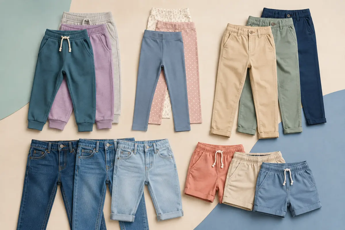 Children's trousers, joggers, leggings, jeans and shorts assortment