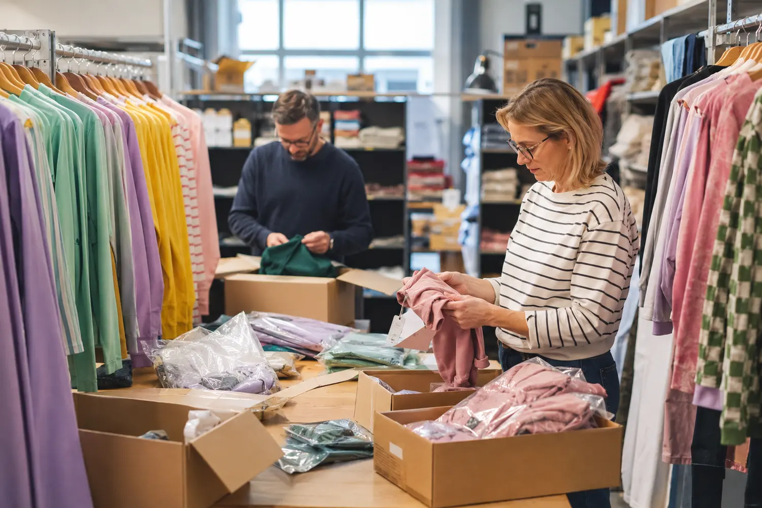 Children's clothing being checked and prepared in a wholesale showroom